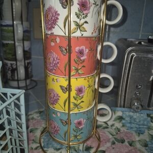 Floral Stacking Mugs with Gold Stand